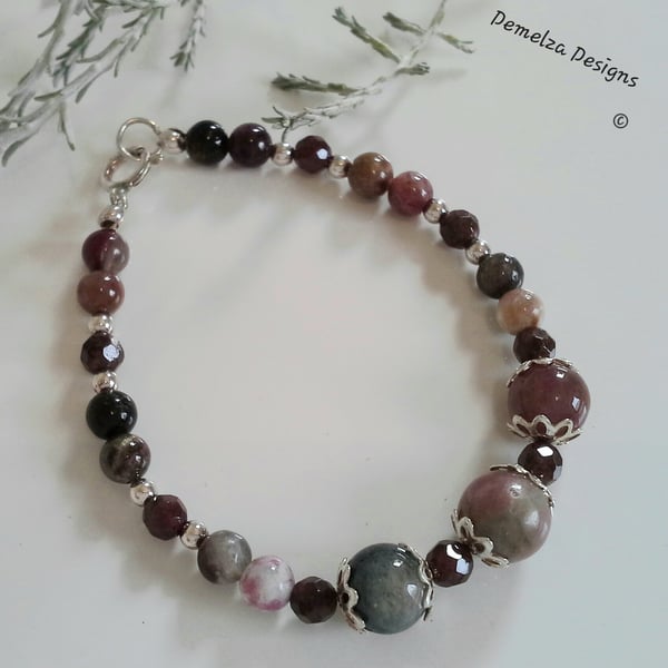 Tourmaline & Indian Red Garnet Sterling Silver Bracelet (small size)