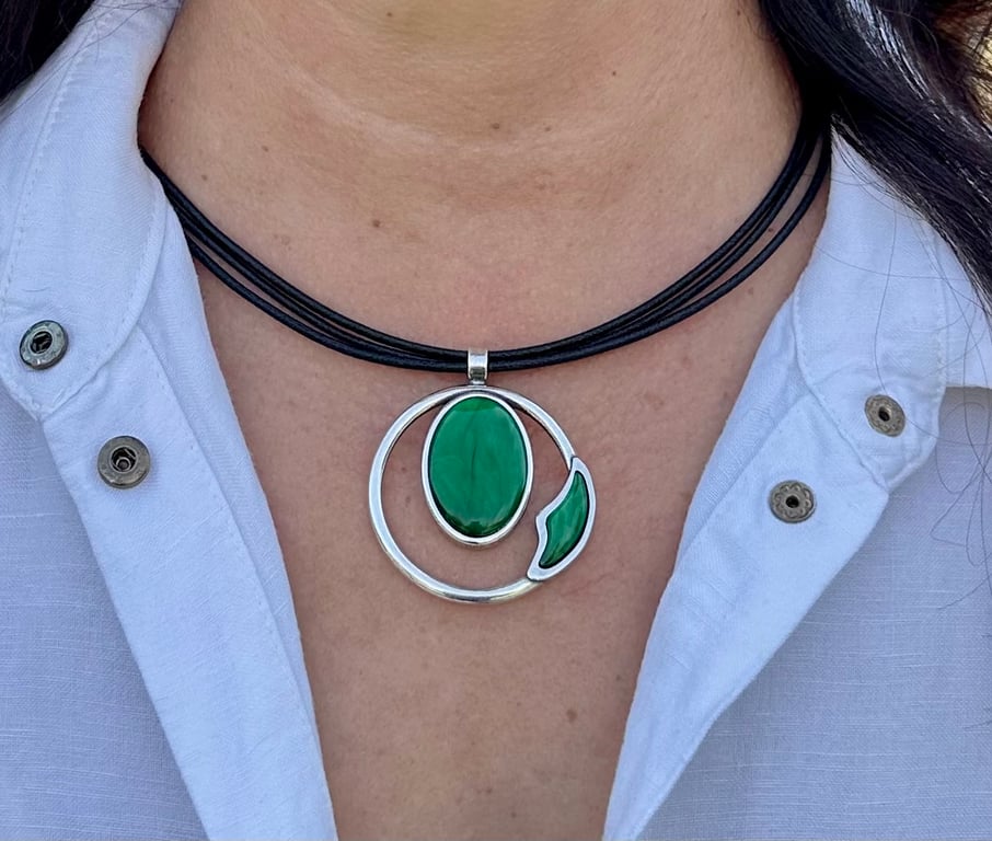 Leather necklace for women, Large crystal pendant, Boho necklace