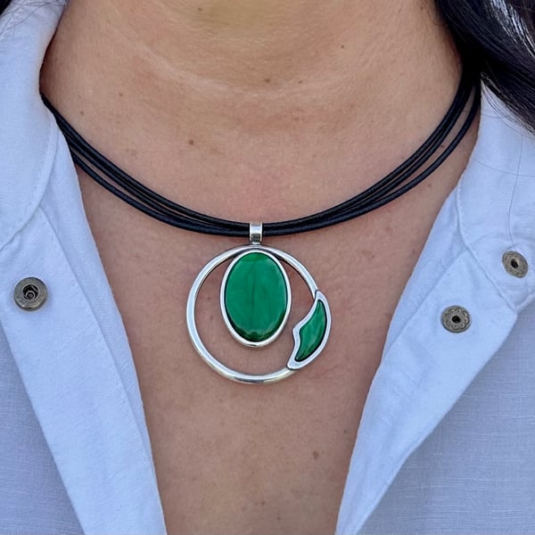 Leather necklace for women, Large crystal pendant, Boho necklace