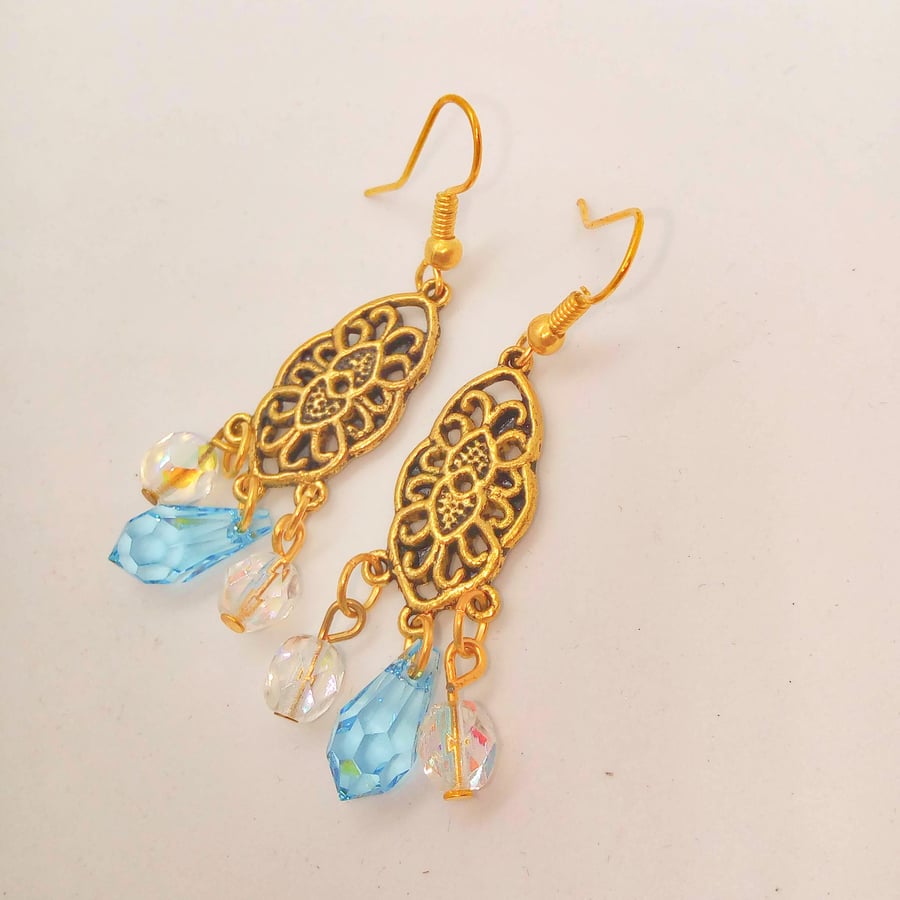 Gold Chandelier Earrings with Blue and White Crystal Beads