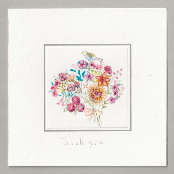 Bird on beautiful bouquet, handmade thank you card