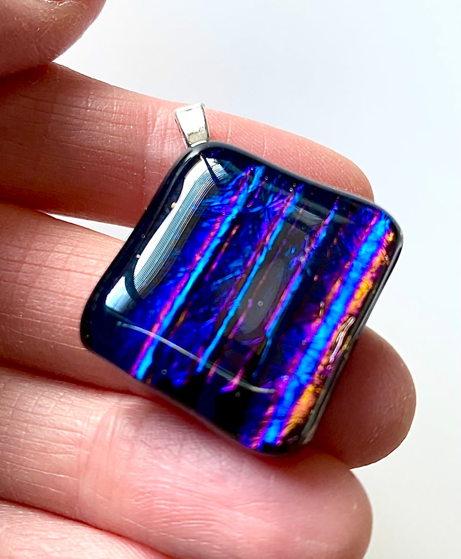 Midnight Stripe Dichroic Glass Pendant Necklace 