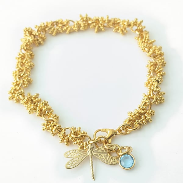 Gold Dragonfly charm and aquamarine crystal bracelet