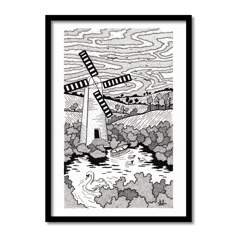 Windmill By The Lake Original Art Pen And Ink Drawing