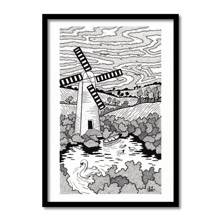 Windmill By The Lake Original Art Pen And Ink Drawing