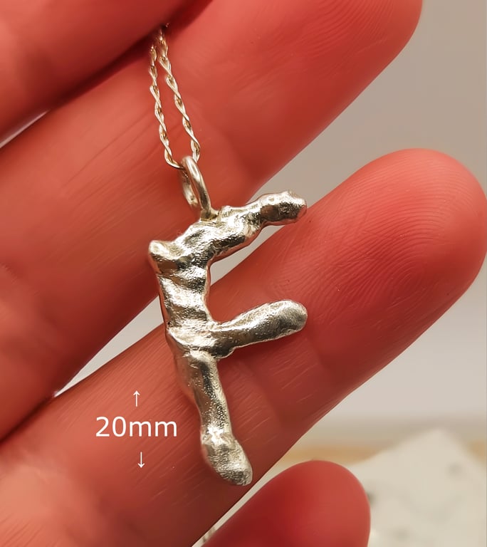 Molten Sterling Silver F Pendant Necklace - Organic Letter Charm, One of a Kind 
