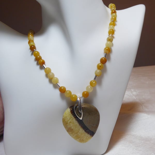 Sterling Silver Necklace with Large Yellow Septarian Pendant & Calcite Beads