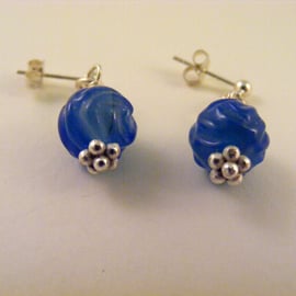 Blue Agate Rose Carved Stud Earrings