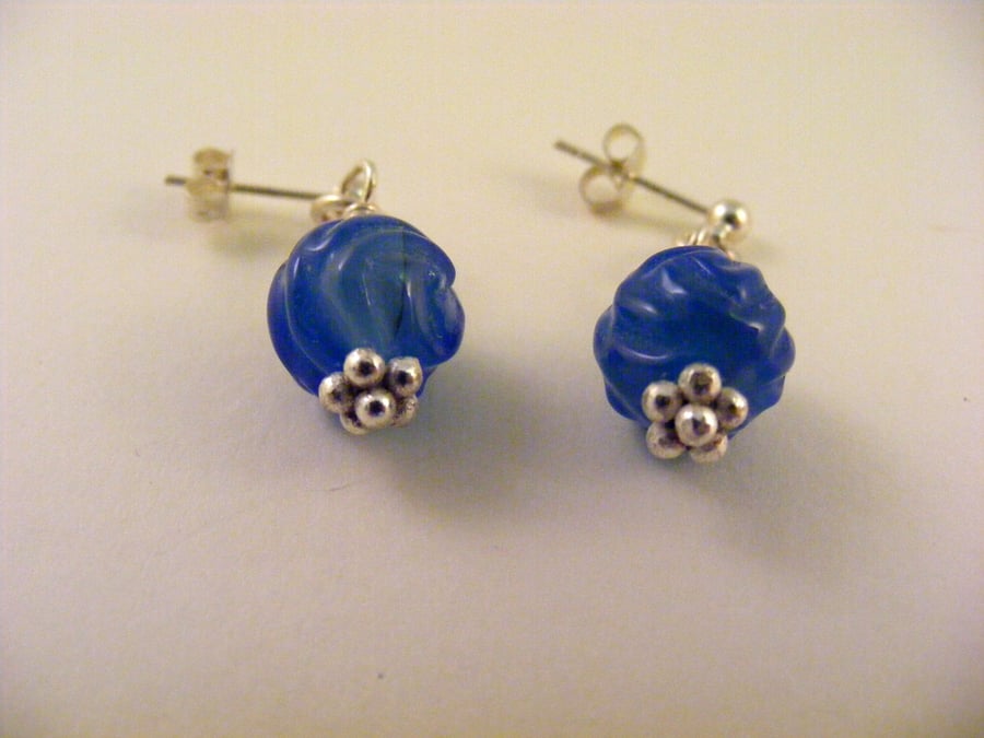 Blue Agate Rose Carved Stud Earrings