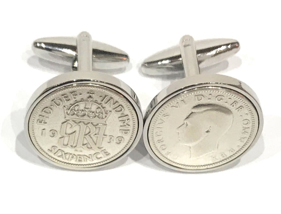 1939 Sixpence Cufflinks 85th birthday. Original sixpence coins Great gift HT