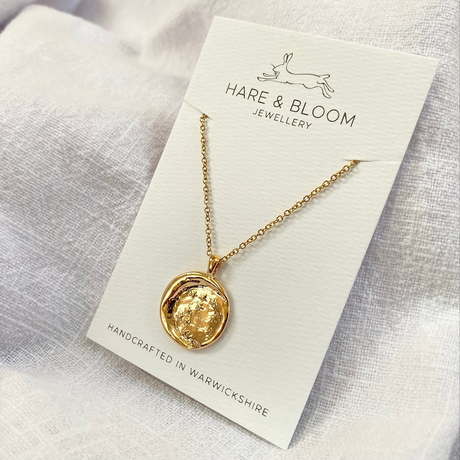 Textured Moon and Stars Coin Necklace in Gold - 18K Gold Plated Brass