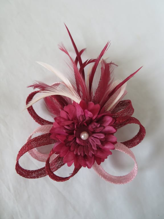 Small Burgundy Marsala and Pale Pink Sinamay Loop & Feather Blossom Flower Comb 