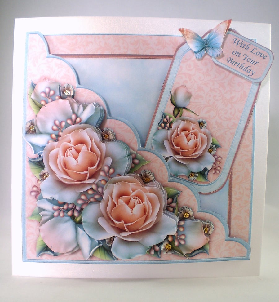 Handmade Decoupage, 3D,Roses Birthday Card,Personalise