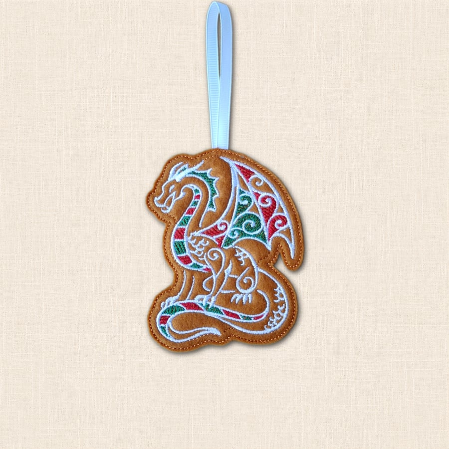 Gingerbread Dragon Christmas Tree Decoration - Embroidered Ornament