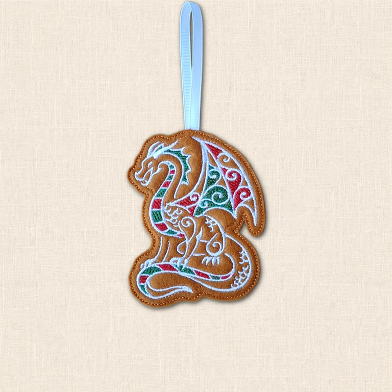 Gingerbread Dragon Christmas Tree Decoration - Embroidered Ornament