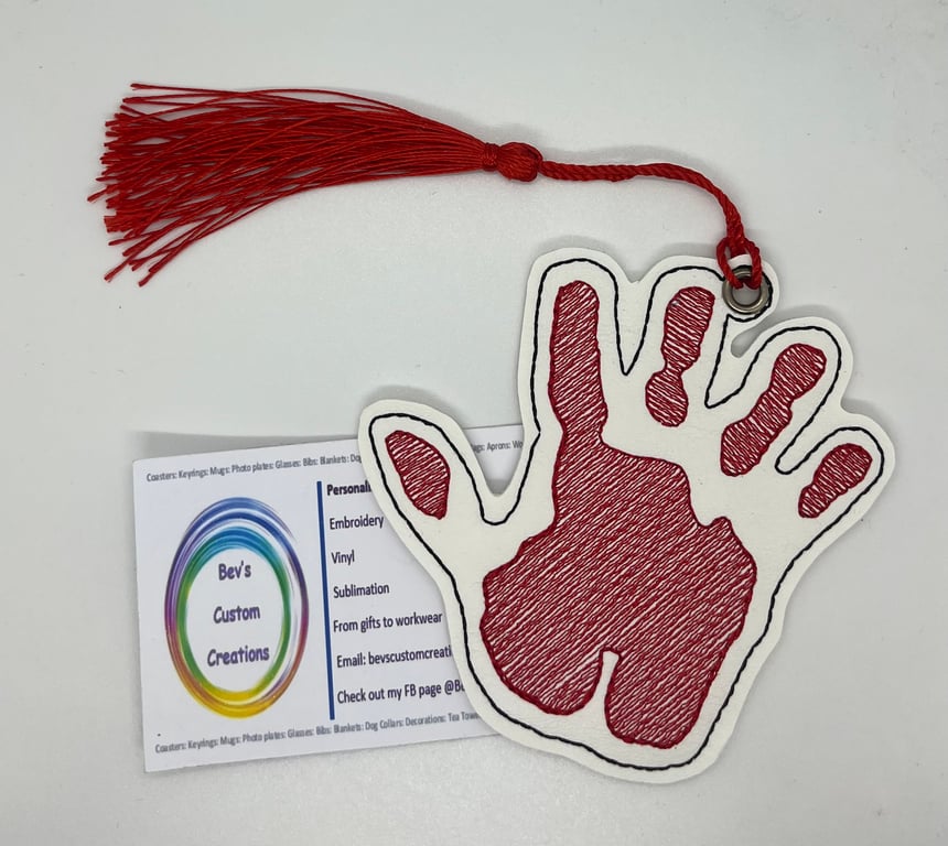Blood Hand, Embroidered Bookmark,  