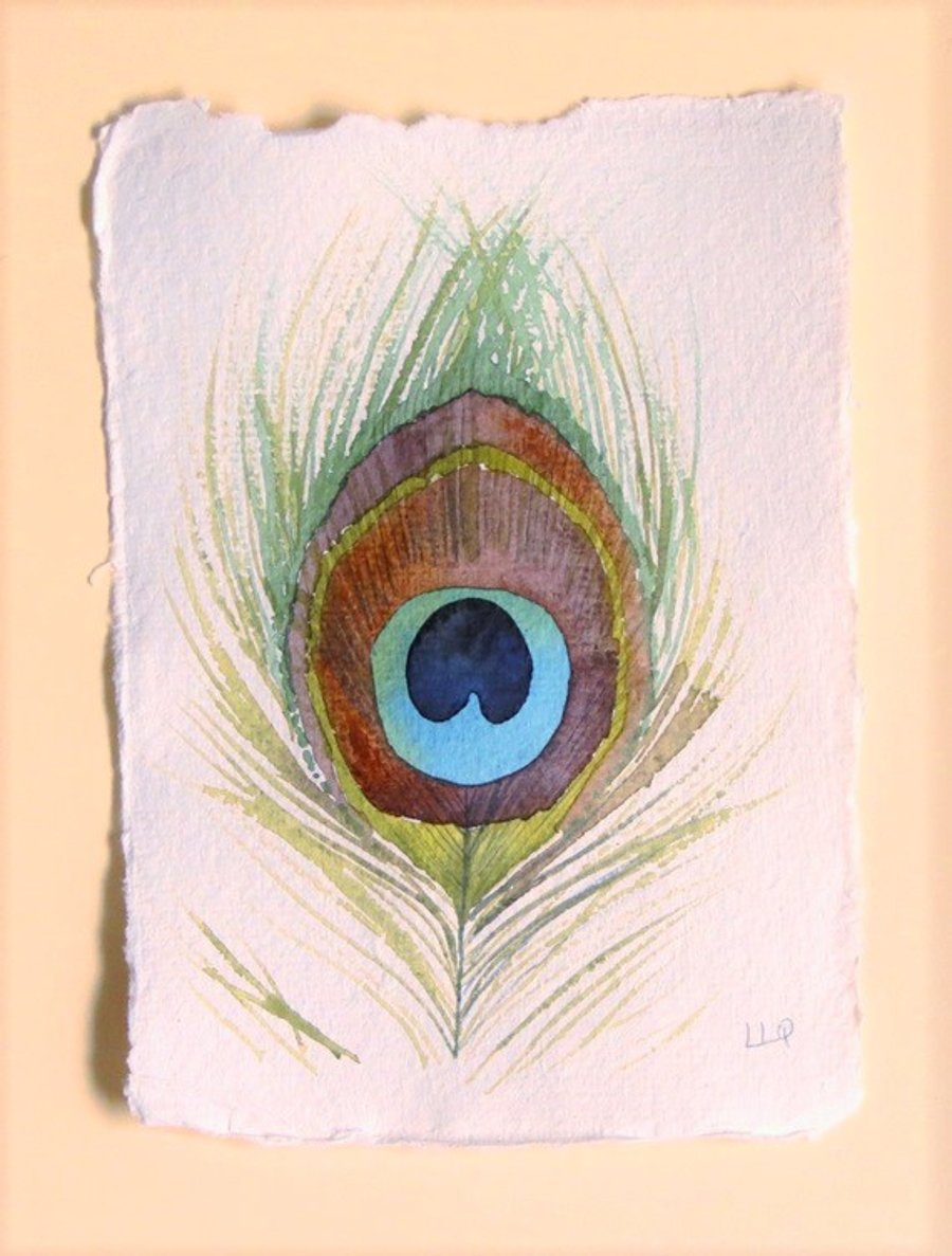 Peacock feather original watercolour painting illustration study avian art