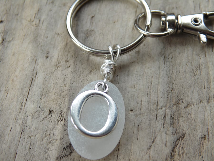 Initial 'O' White Cornish Sea Glass Keyring Bag Charm K685