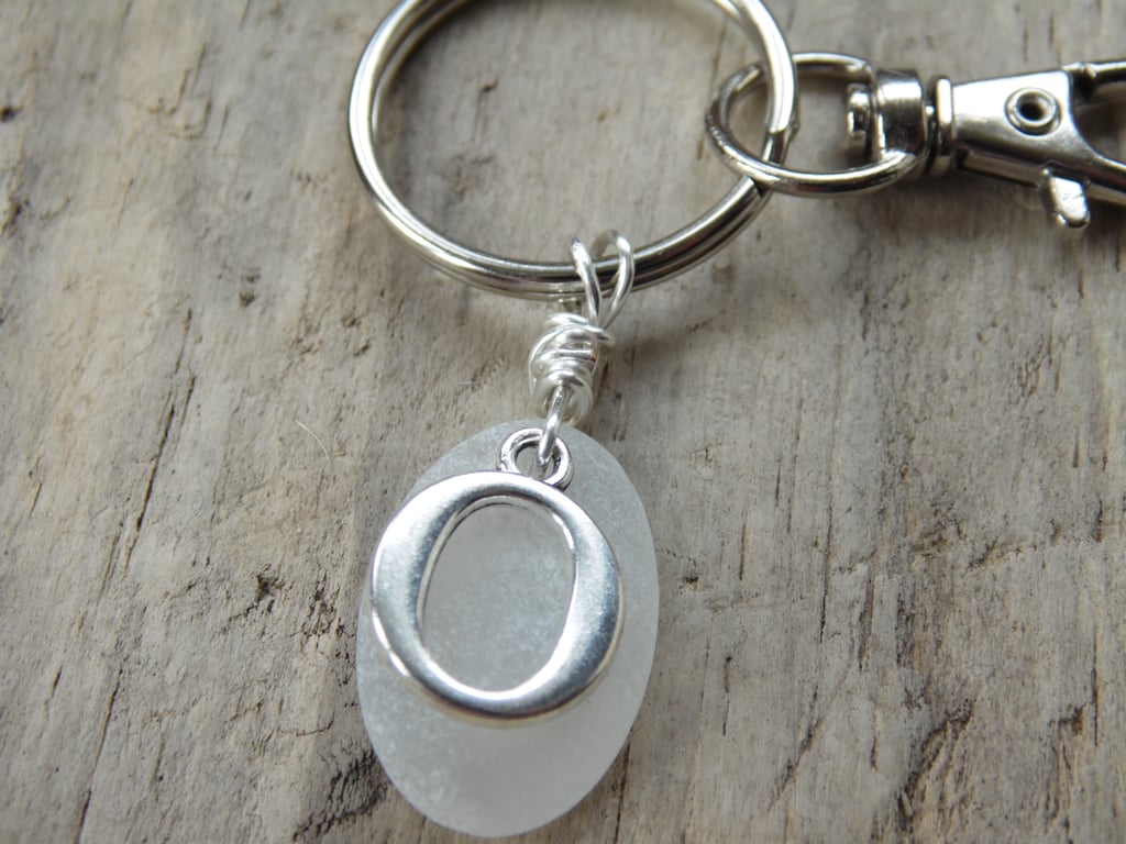 Initial 'O' White Cornish Sea Glass Keyring Bag Charm K685