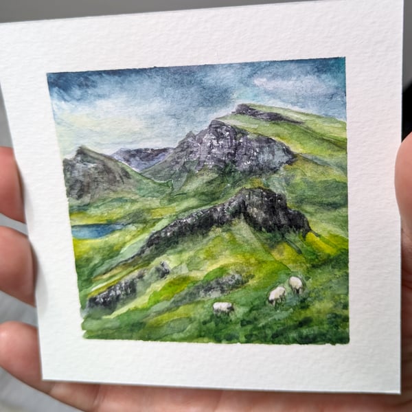 Highland Sheep Watercolor Painting, Scottish Loch & Mountain Pastoral Art