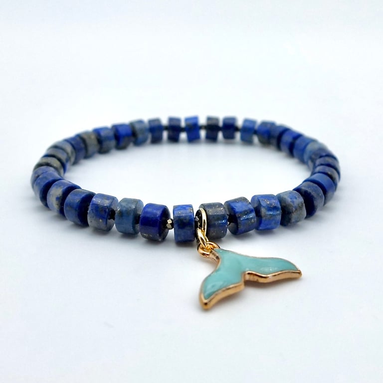 Lapis Lazuli & Pyrite Bracelet With Whale Tail Charm, Birthday, Anniversary Gift