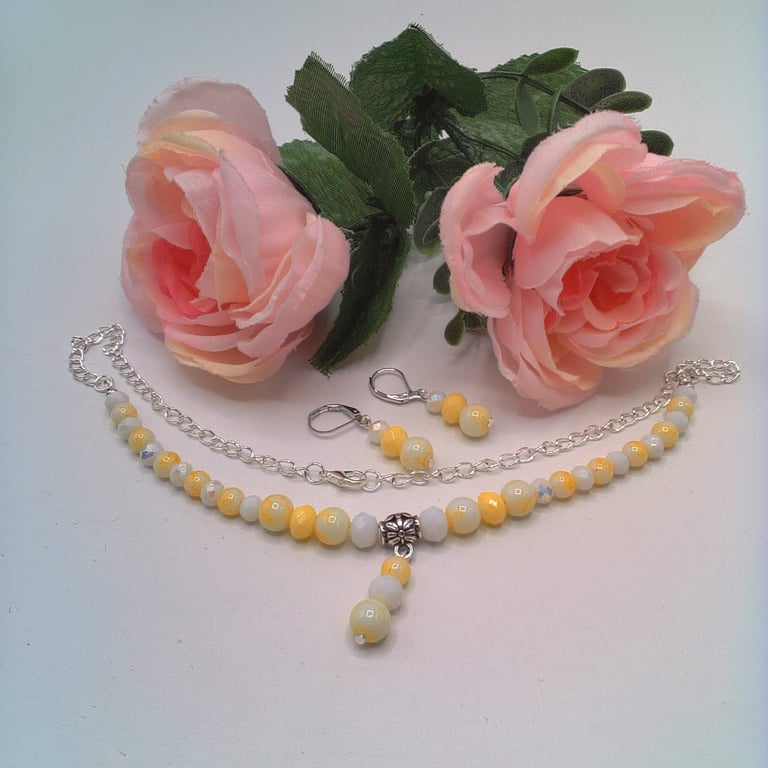 Yellow Glass Bead Necklace and Earrings, Gift Set, Yellow Necklace & Earrings