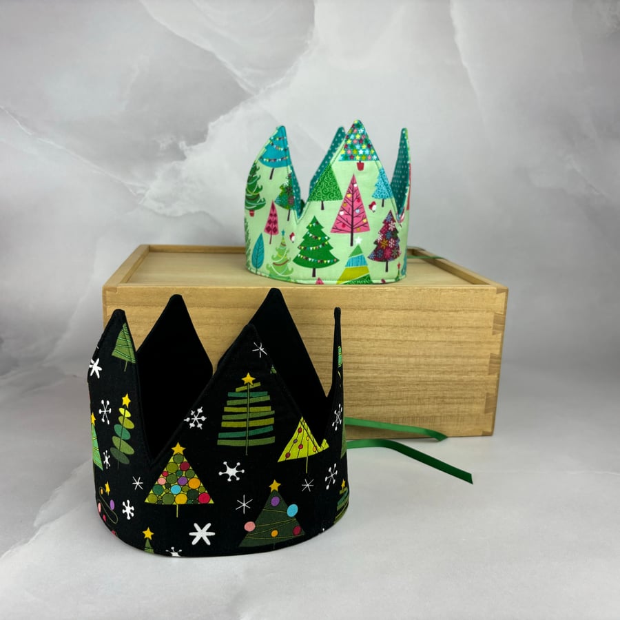 Christmas crown, Xmas trees fabric party hat, Reusable, 2 options