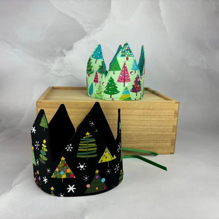 Christmas crown, Xmas trees fabric party hat, Reusable, 2 options