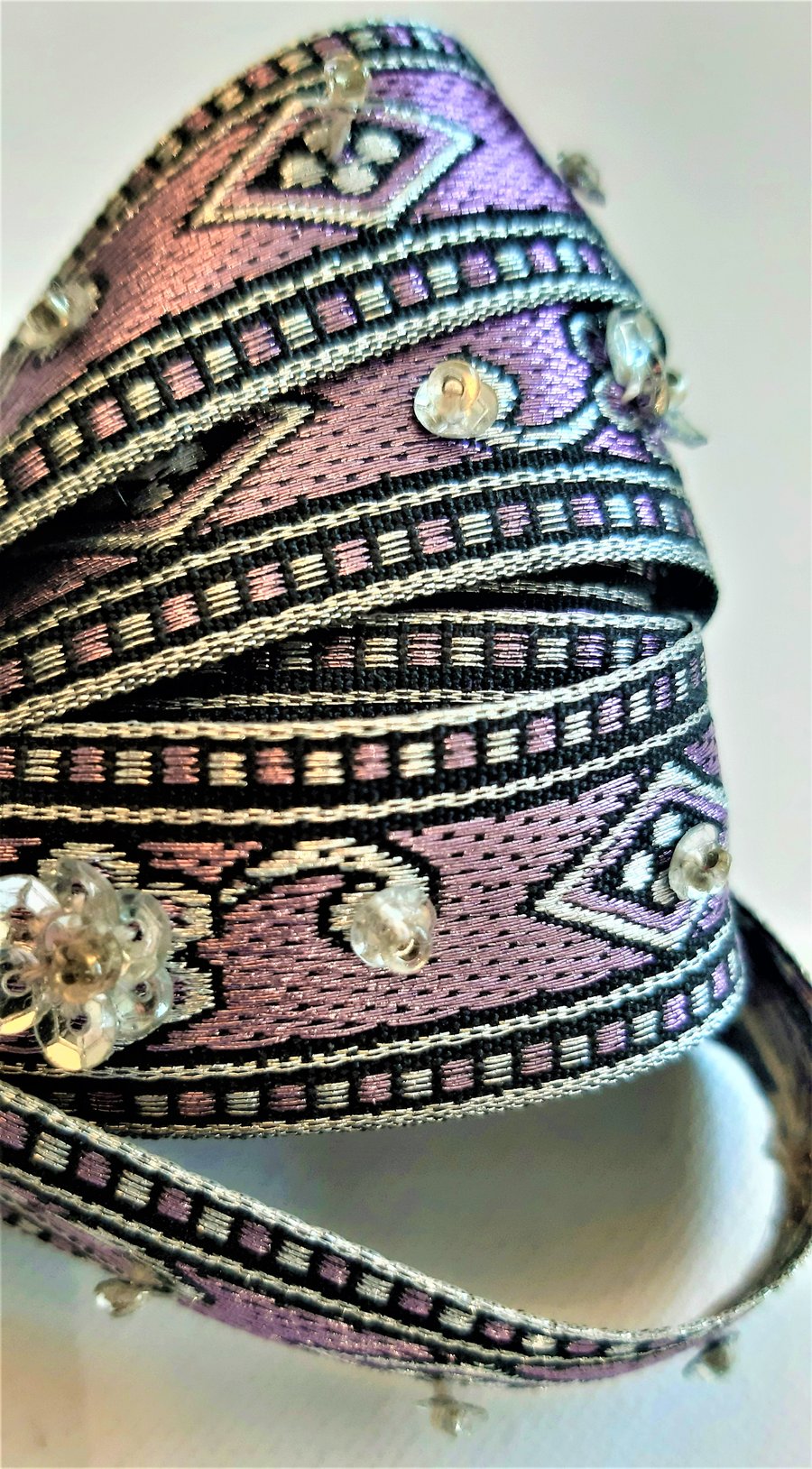 Lilac and silver woven and sequin embellished ribbon braid, 21mm wide