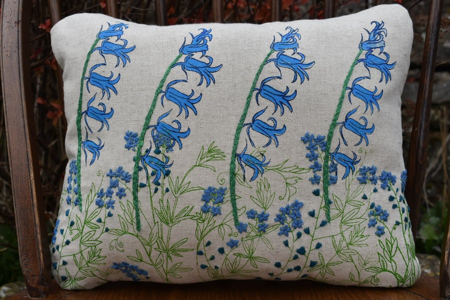 Beige cotton - Forget me nots and Bluebells - Screen printed cushion 