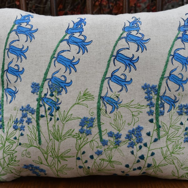 Beige cotton - Forget me nots and Bluebells - Screen printed cushion 