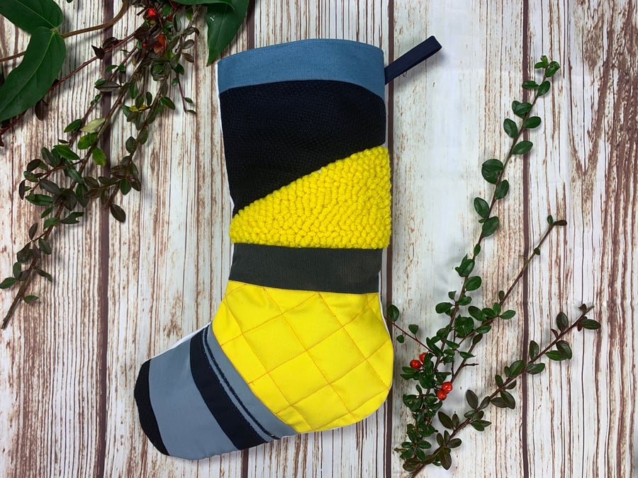 Handmade Christmas Stocking- patchwork, quilted & punch hook! Navy Blue and yell
