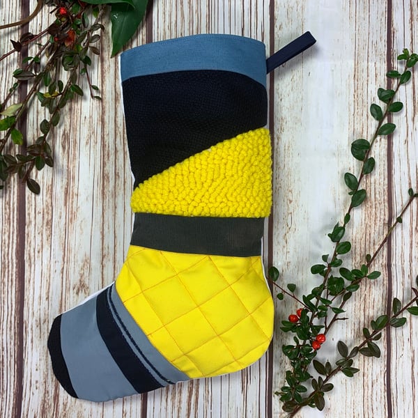 Handmade Christmas Stocking- patchwork, quilted & punch hook! Navy Blue and yell