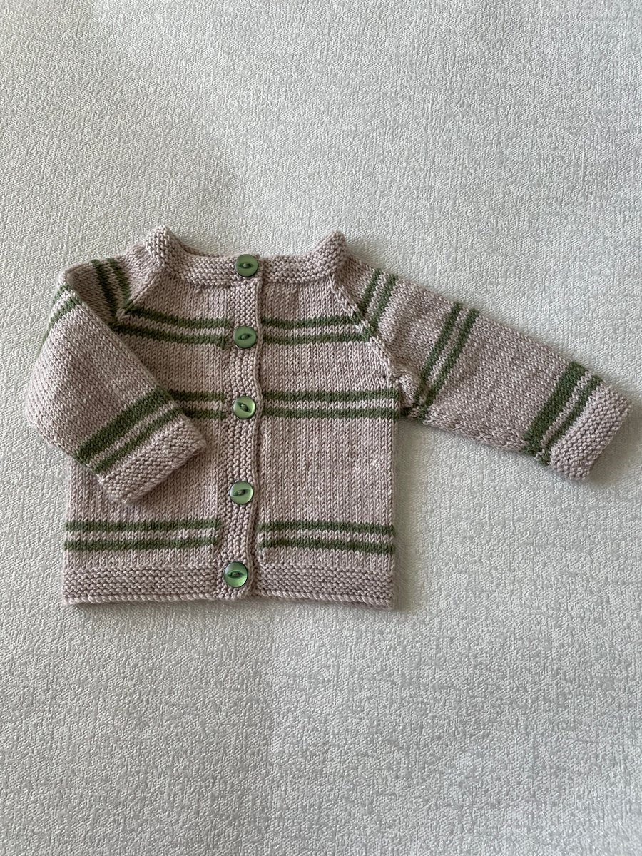 Beige baby cardigan with green stripes