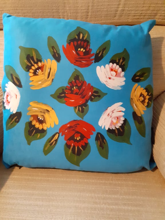 Blue vegan suede cushion with canal art roses