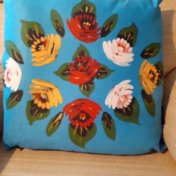 Blue vegan suede cushion with canal art roses