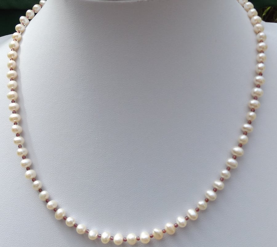 White freshwater cultured pearl 18" necklace with rubies
