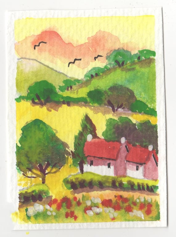 Aceo Original  Watercolour, Hillside Cottage, Size 3.5 x 2.5 inches, Mini Art