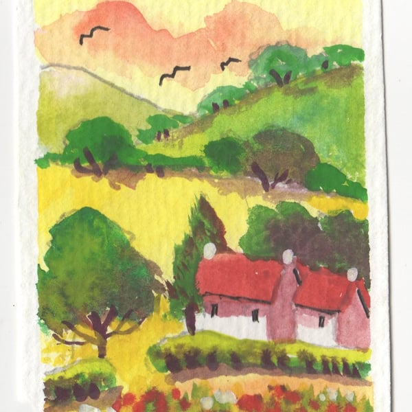 Aceo Original  Watercolour, Hillside Cottage, Size 3.5 x 2.5 inches, Mini Art