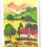 Aceo Original  Watercolour, Hillside Cottage, Size 3.5 x 2.5 inches, Mini Art