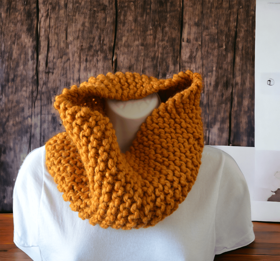 Knitted Chunky Cowl Handmade Soft Wool Mix Unisex Men's Women's Mustard