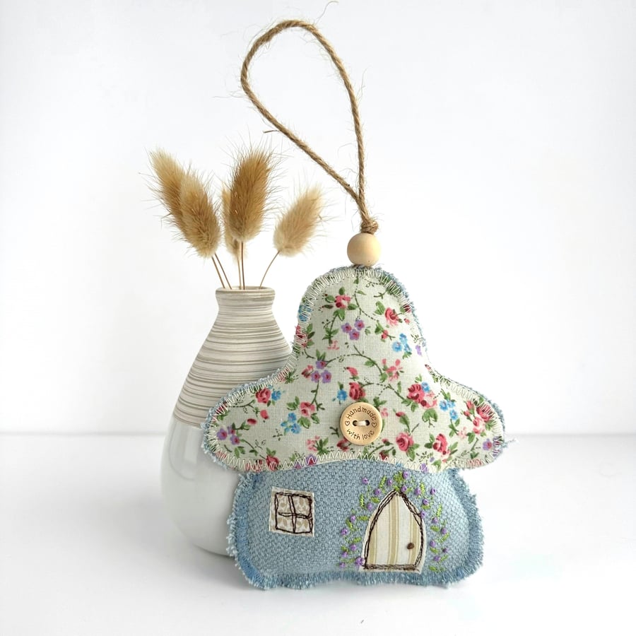 Ditsy Floral Mushroom House Hanging Decoration - Fabric Fairy House 