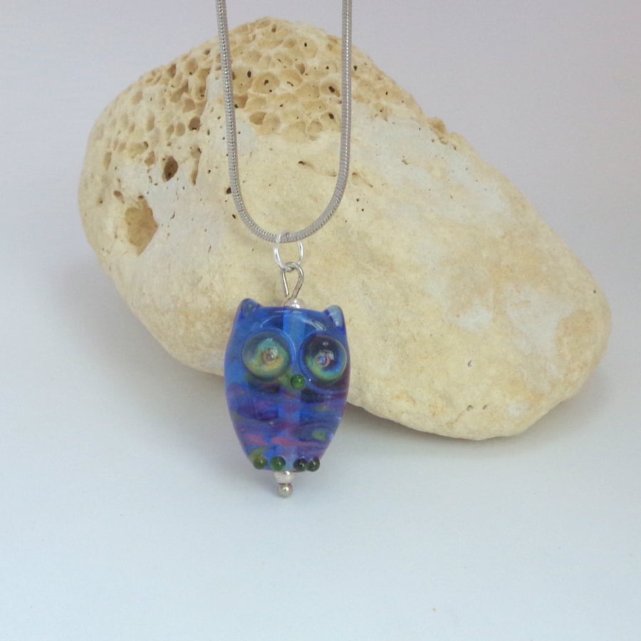 Lampwork glass bead blue owl pendant with sterling silver beads