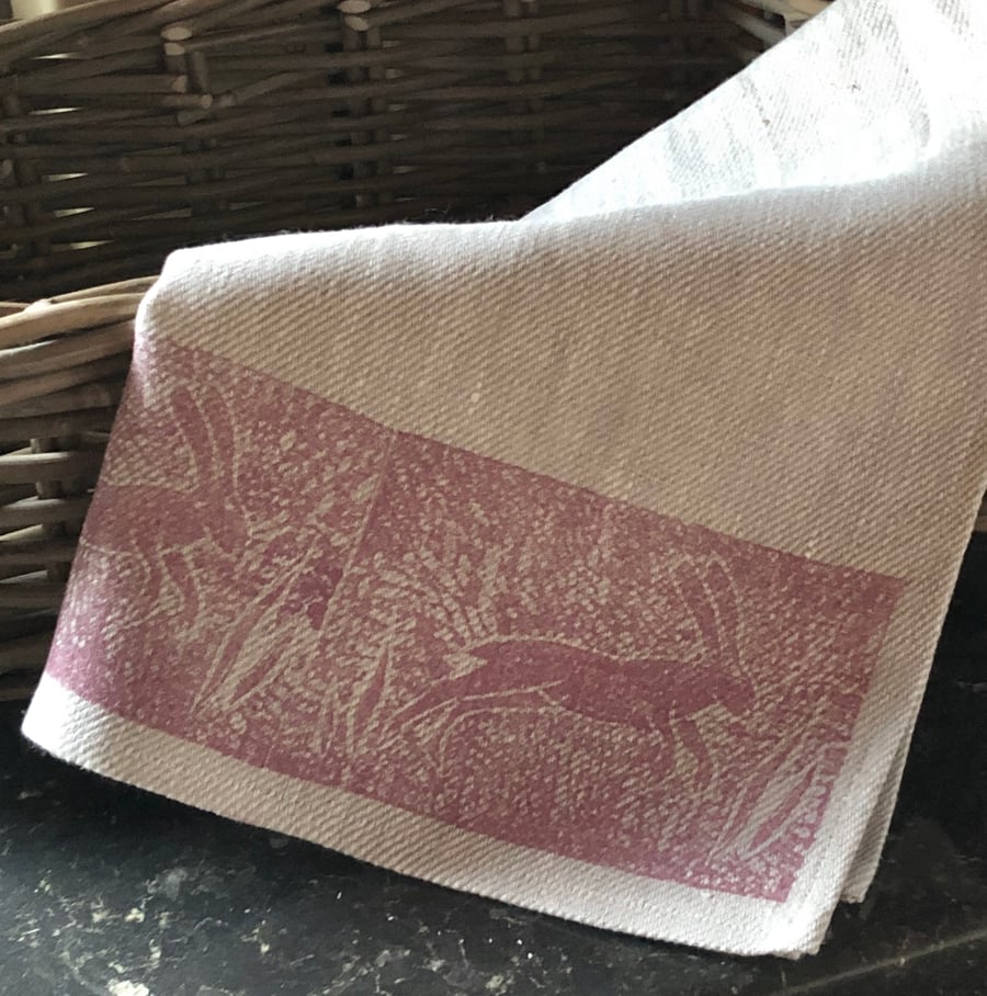 Hand Printed Linen Tea Towel- Leaping Hare