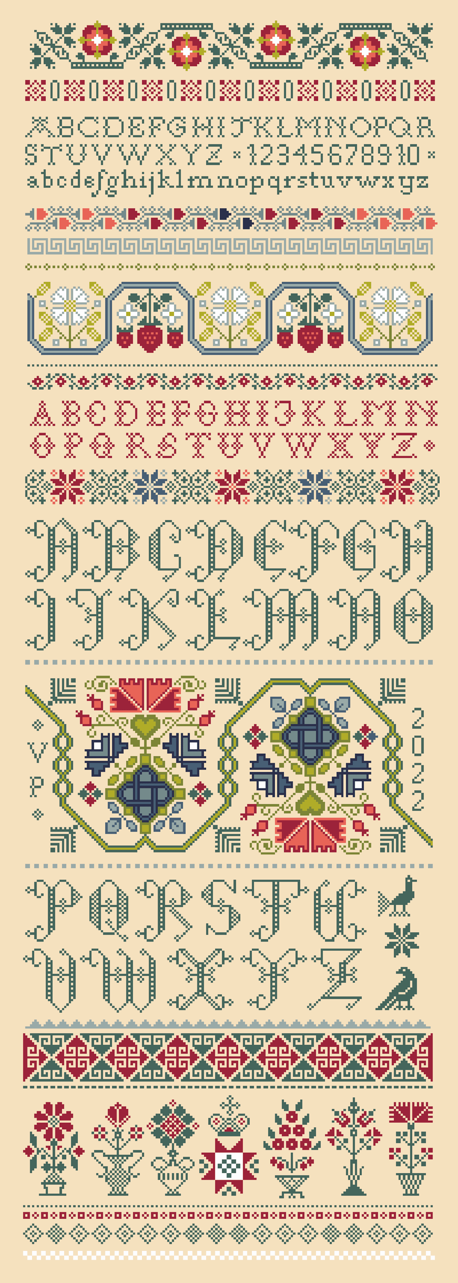 107C - Cross Stitch Quaker SUPER LONG Band Sampler Alphabet flower Vases Borders