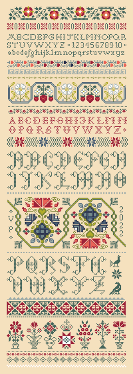 107C - Cross Stitch Quaker SUPER LONG Band Sampler Alphabet flower Vases Borders