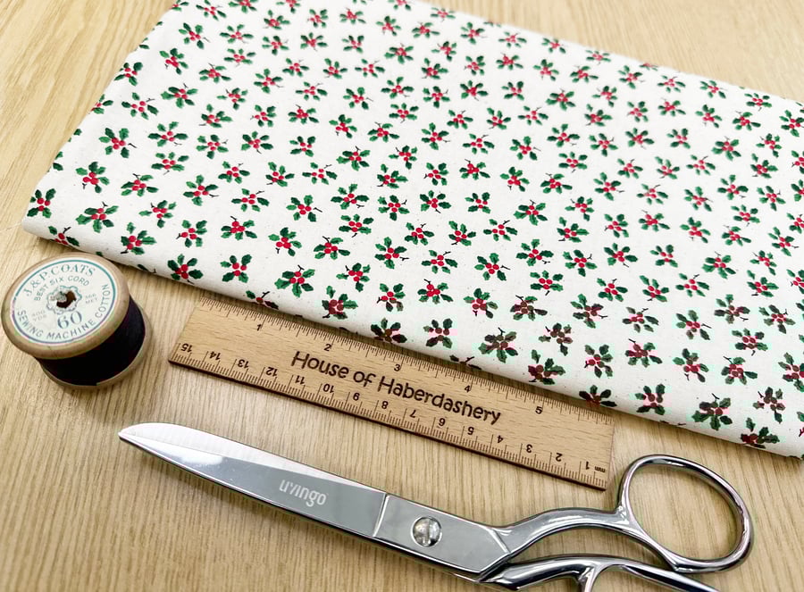 Christmas Fabric Scandi Holly & Berry on Natural Cotton Craft Fabric - 1 Metre