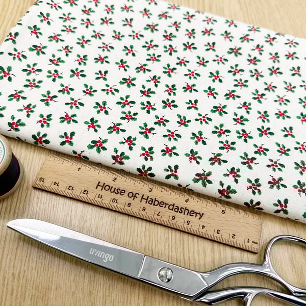 Christmas Fabric Scandi Holly & Berry on Natural Cotton Craft Fabric - 1 Metre