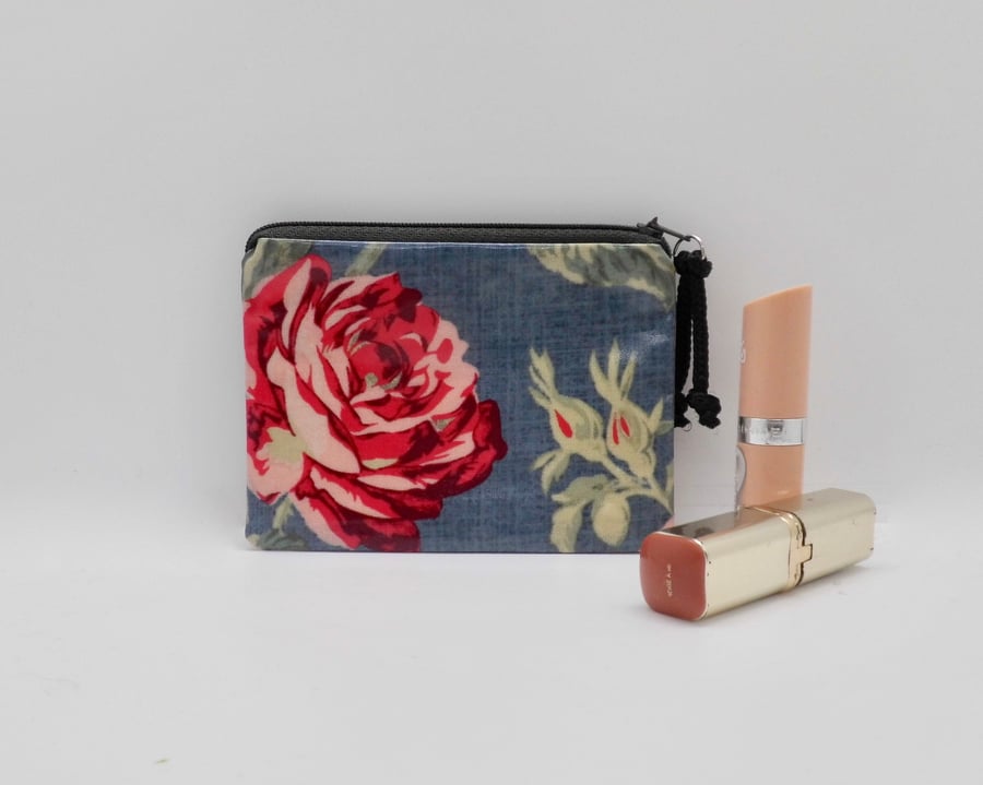 Oil cloth purse blue grey floral for coins or make up
