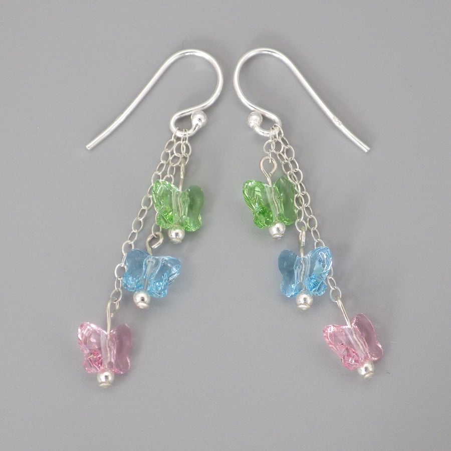 Three tier green, blue and pink Swarovski butterfly bead earrings